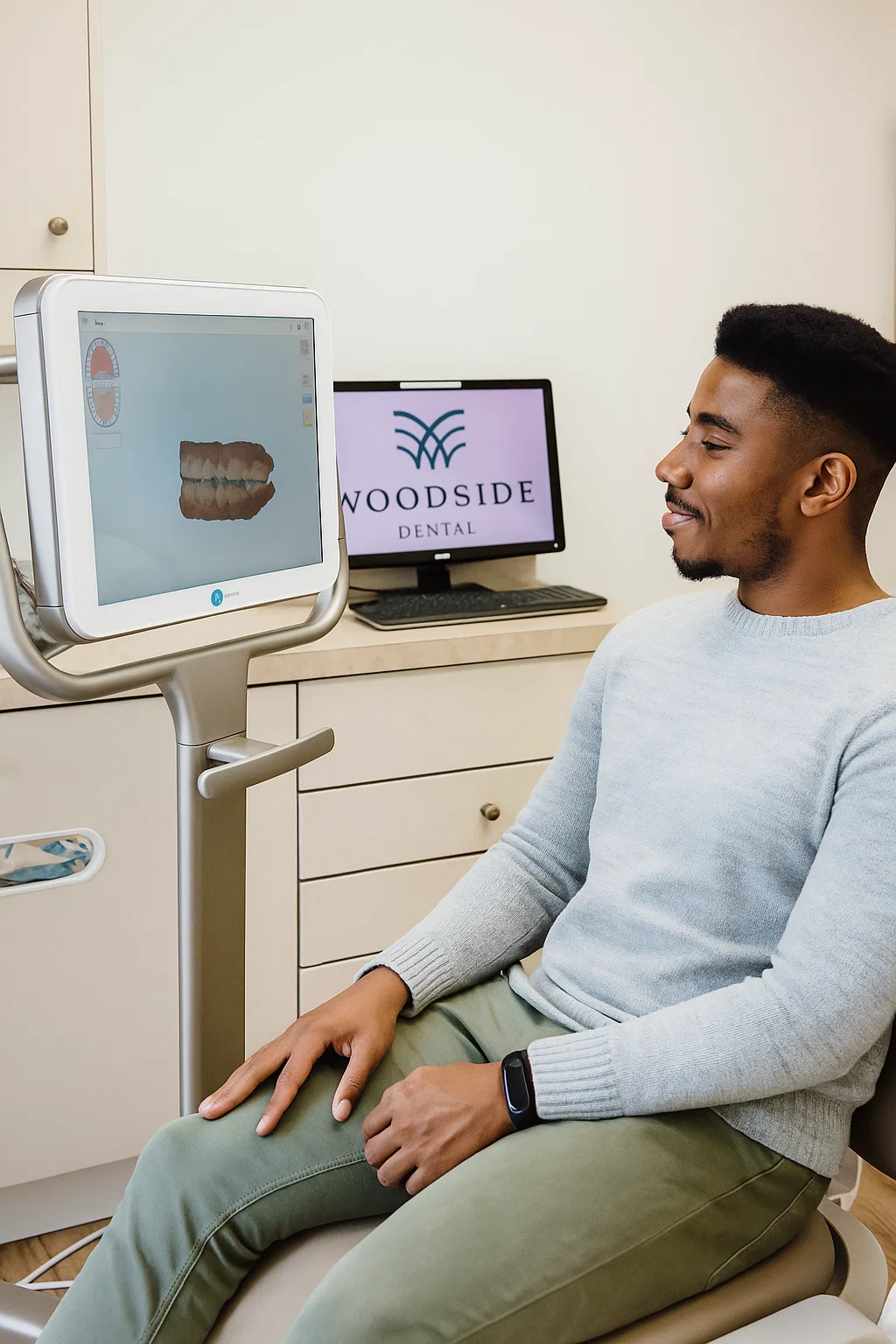 Photo of Columbia Maryland dentist Dr. Shah showing a 3-D dental scan to a patient